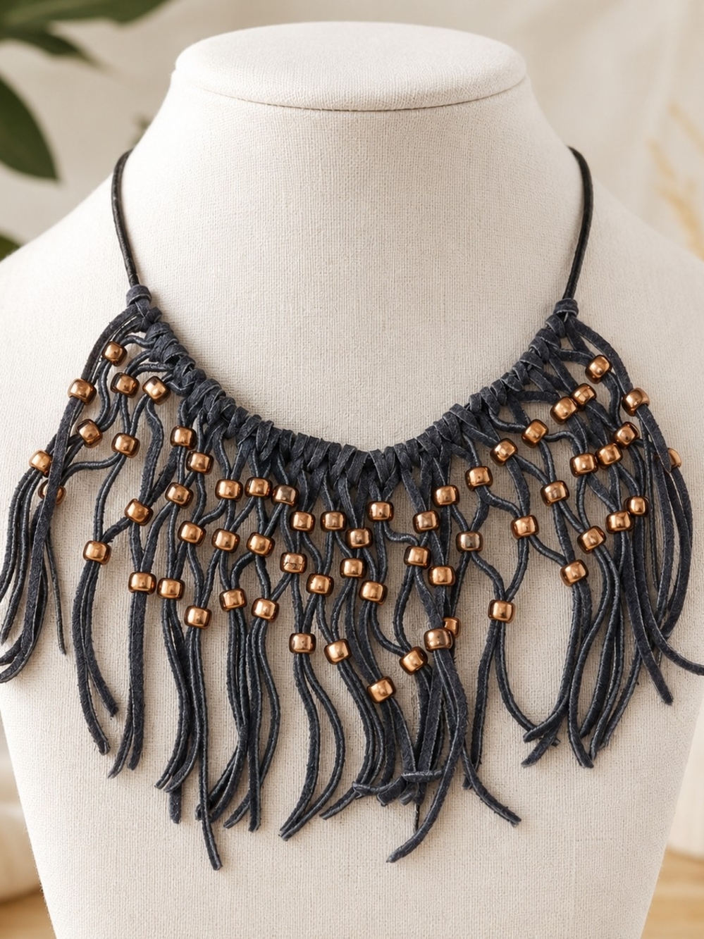 Vintage Boho Fringe Necklace Black Suede Cord Copper Bead Statement Necklace